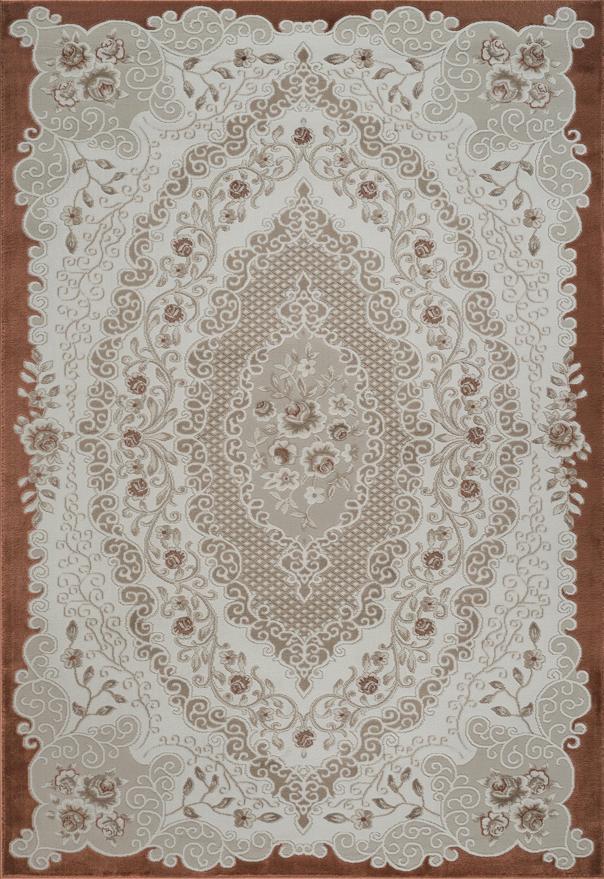 Traditional French Floral Damask Medallion Beige & Rose Area Rug & Runner – 17456 Beige Rose