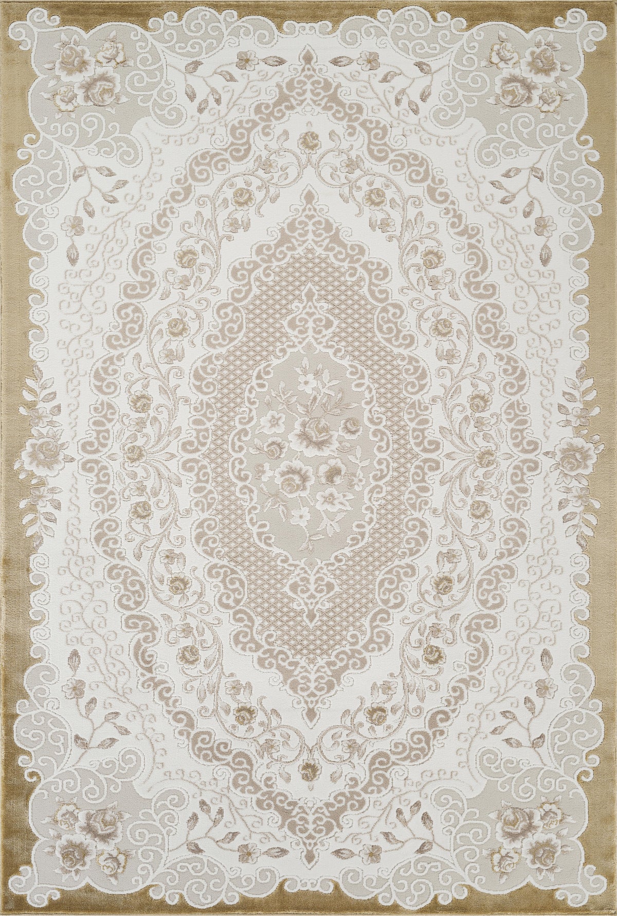 Traditional French Floral Damask Medallion Beige & Gold Area Rug & Runner – 17456 Beige Gold