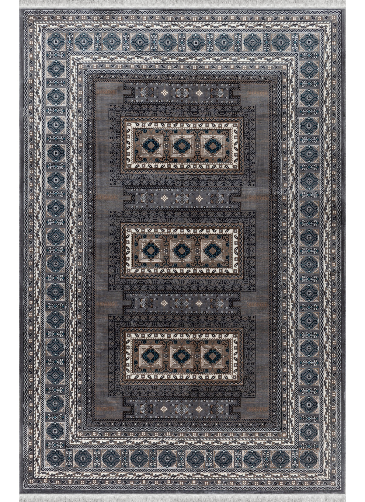 Traditional Tribal Turkmen Geometric Panel Grey Area Rug & Runner – E851B Grey