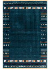 Modern Tribal Gabbeh Bordered Solid Blue Area Rug & Runner – B744A Blue