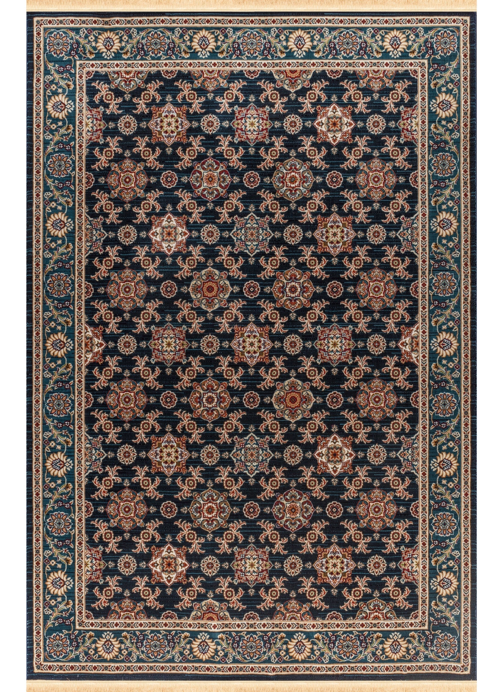 Traditional Persian All-Over Rosette Floral Bordered Navy Area Rug & Runner – D529B Navy