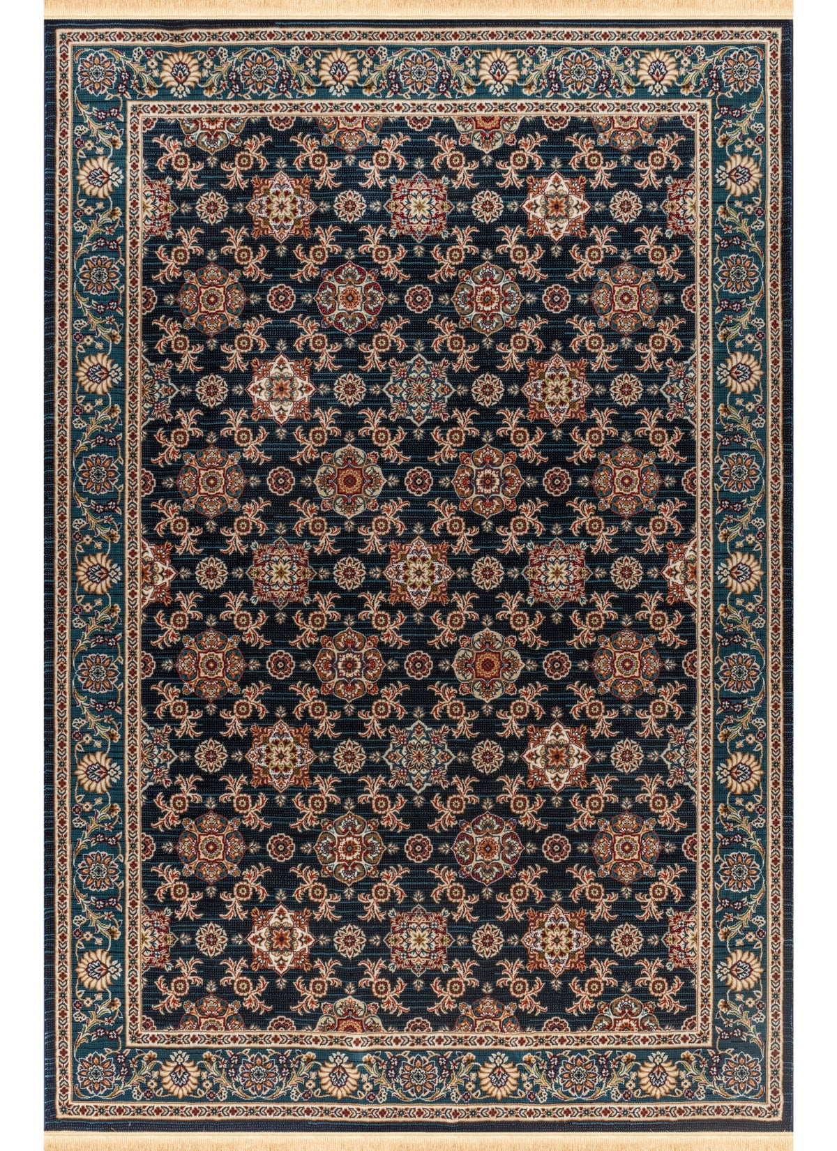 Traditional Persian All-Over Rosette Floral Bordered Navy Area Rug & Runner – D529B Navy