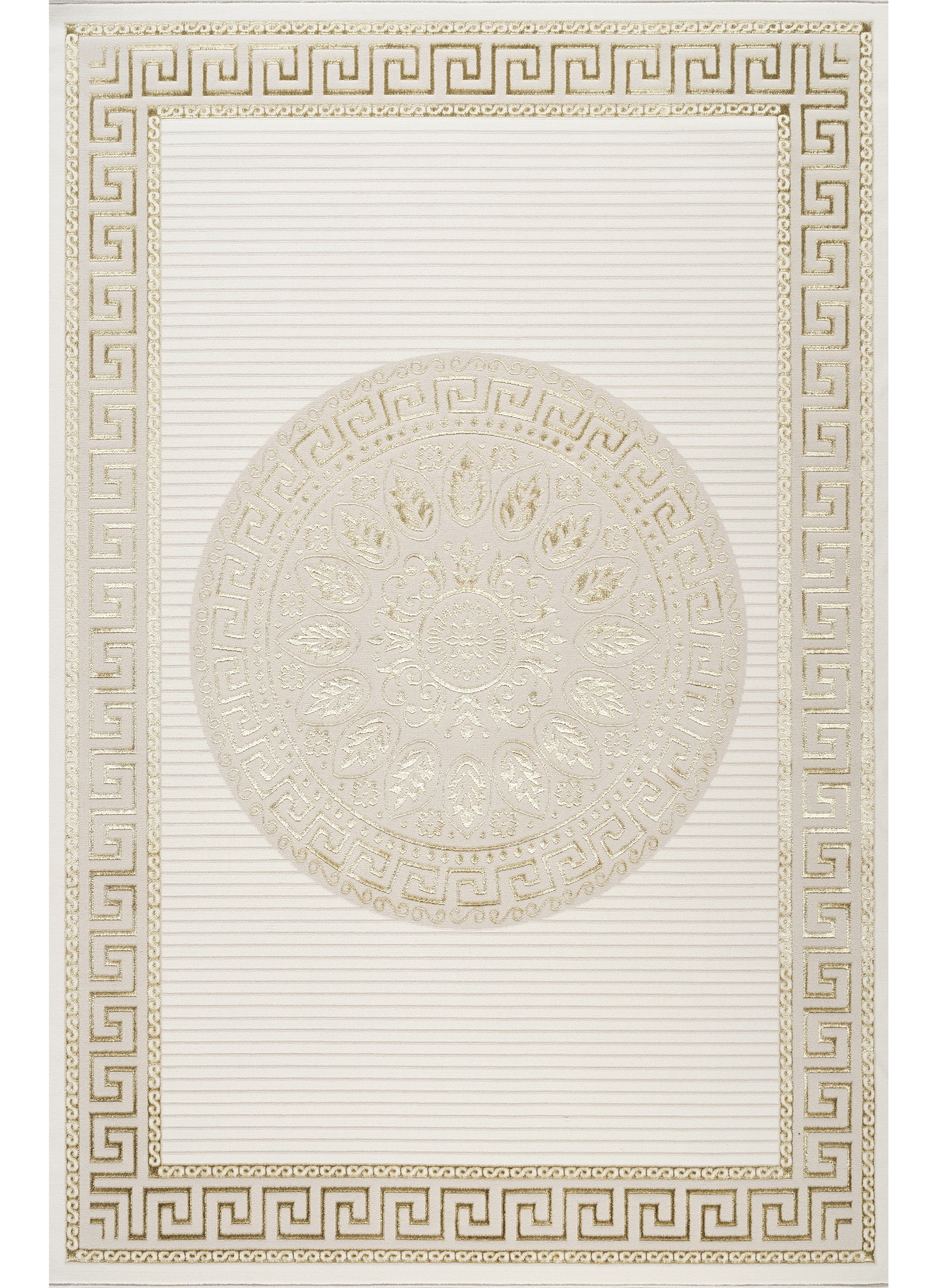 Modern Greek Key Bordered Round Medallion Cream Area Rug & Runner – 64005 Cream