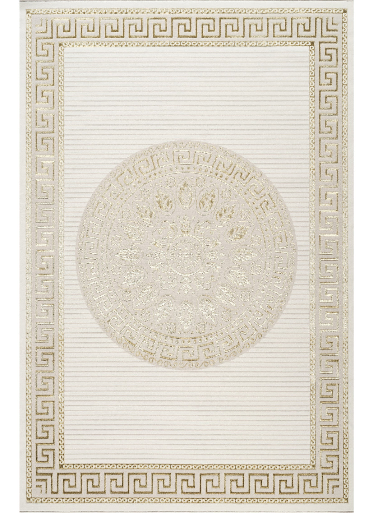 Modern Greek Key Bordered Round Medallion Cream Area Rug & Runner – 64005 Cream