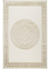 Modern Greek Key Bordered Round Medallion Cream Area Rug & Runner – 64005 Cream