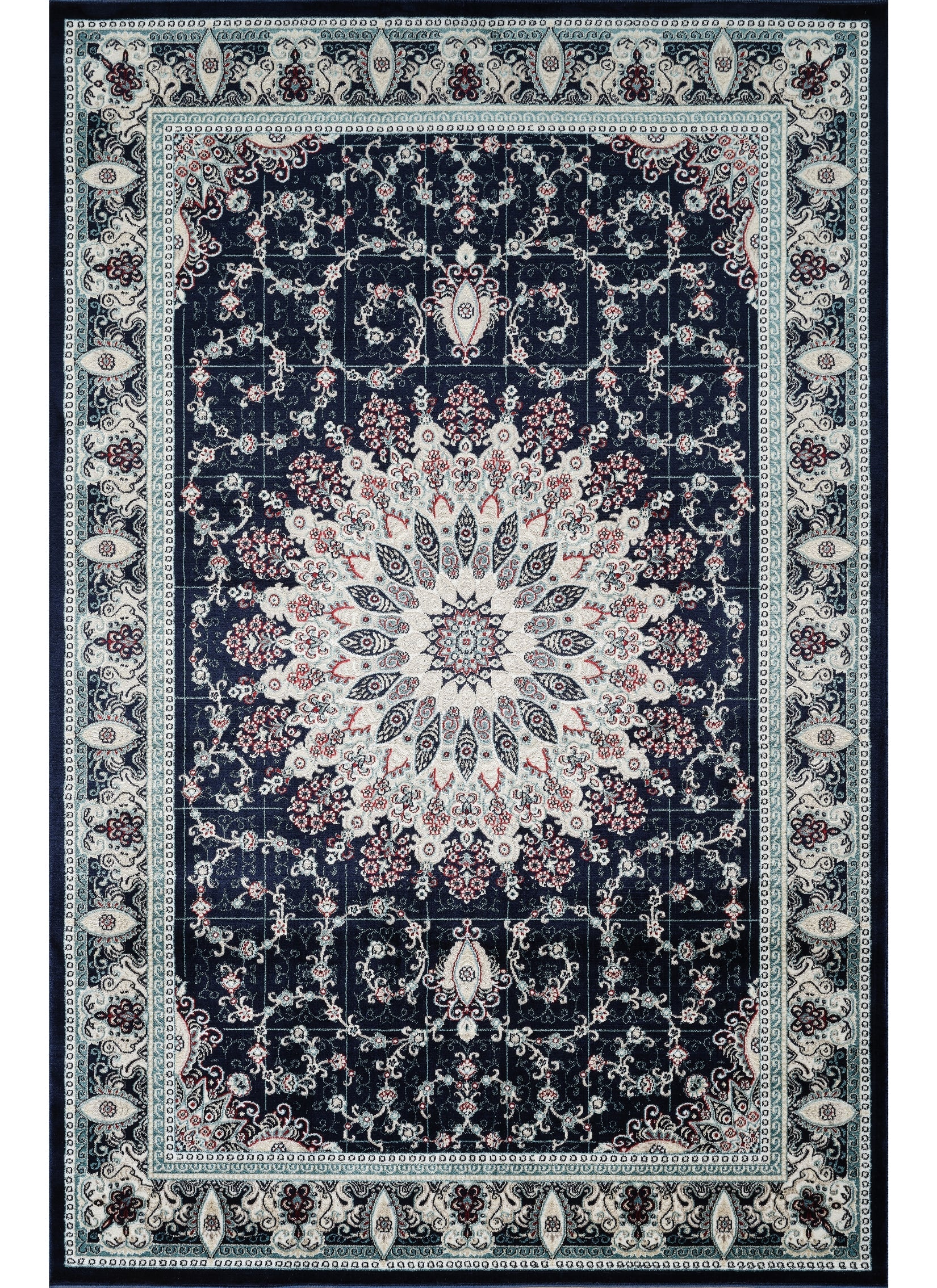 Traditional Persian Kerman Floral Medallion Navy Area Rug, Runner & Round Rug – 478 Navy