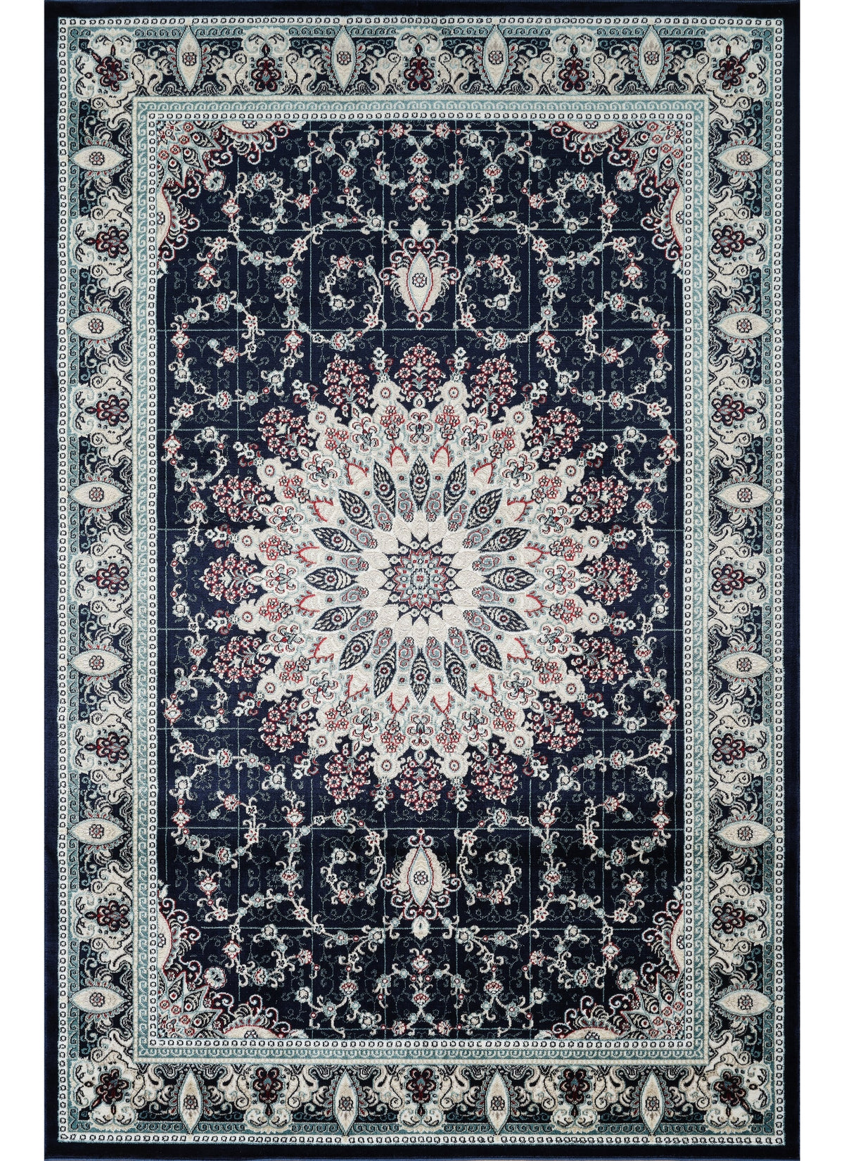 Traditional Persian Kerman Floral Medallion Navy Area Rug, Runner & Round Rug – 478 Navy