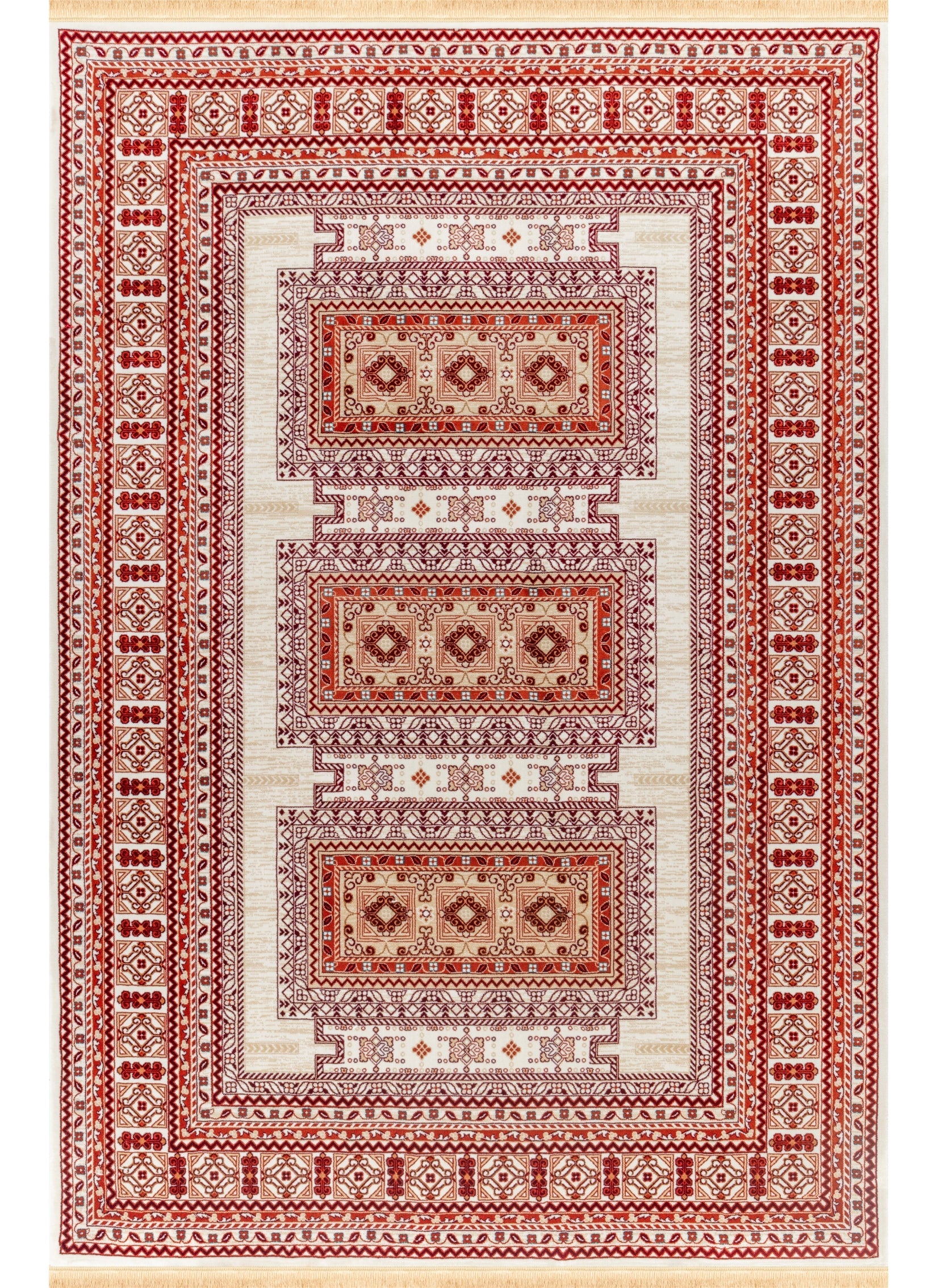 Traditional Tribal Turkmen Geometric Panel Cream Area Rug & Runner – E851B Cream