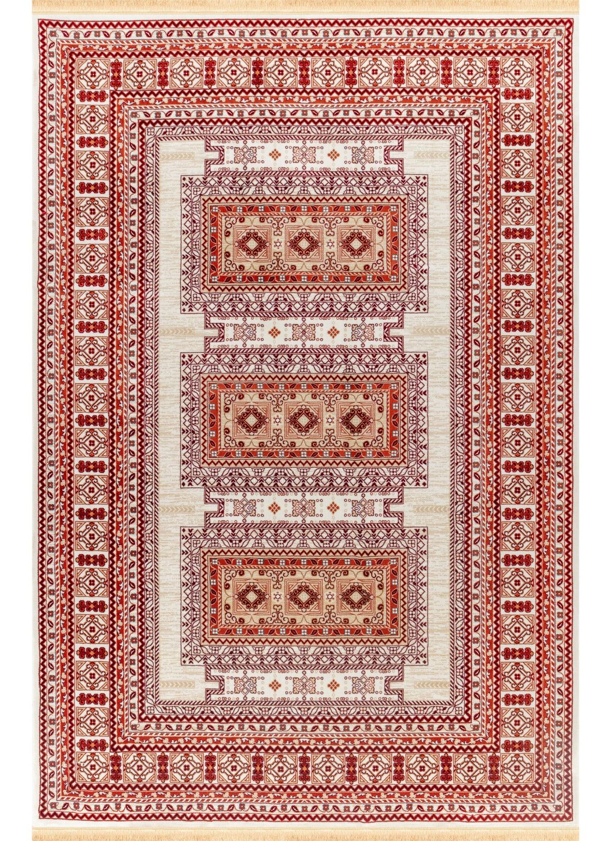 Traditional Tribal Turkmen Geometric Panel Cream Area Rug & Runner – E851B Cream