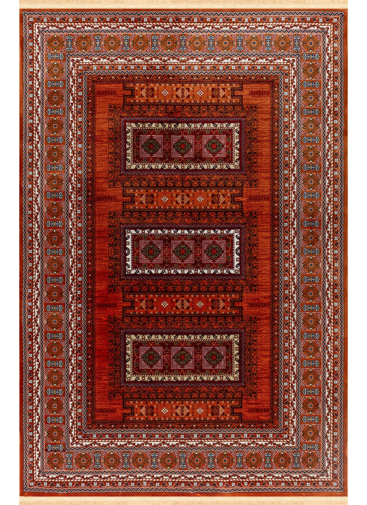Traditional Tribal Turkmen Geometric Panel Rose Area Rug & Runner – E851B Rose