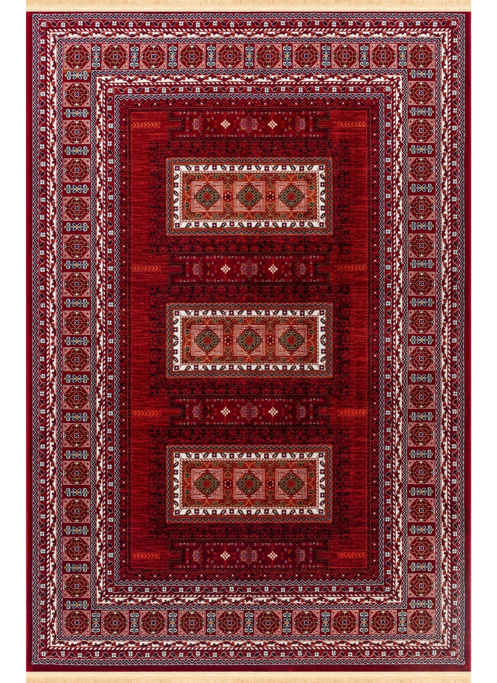 Traditional Tribal Turkmen Geometric Panel Red Area Rug & Runner – E851B Red