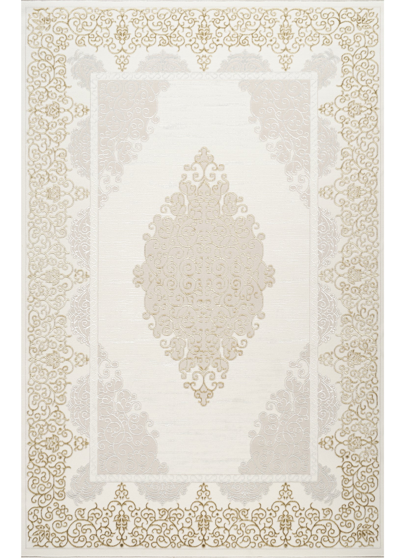 Traditional Damask Medallion Scroll Bordered Cream Area Rug & Runner – 64004 Cream