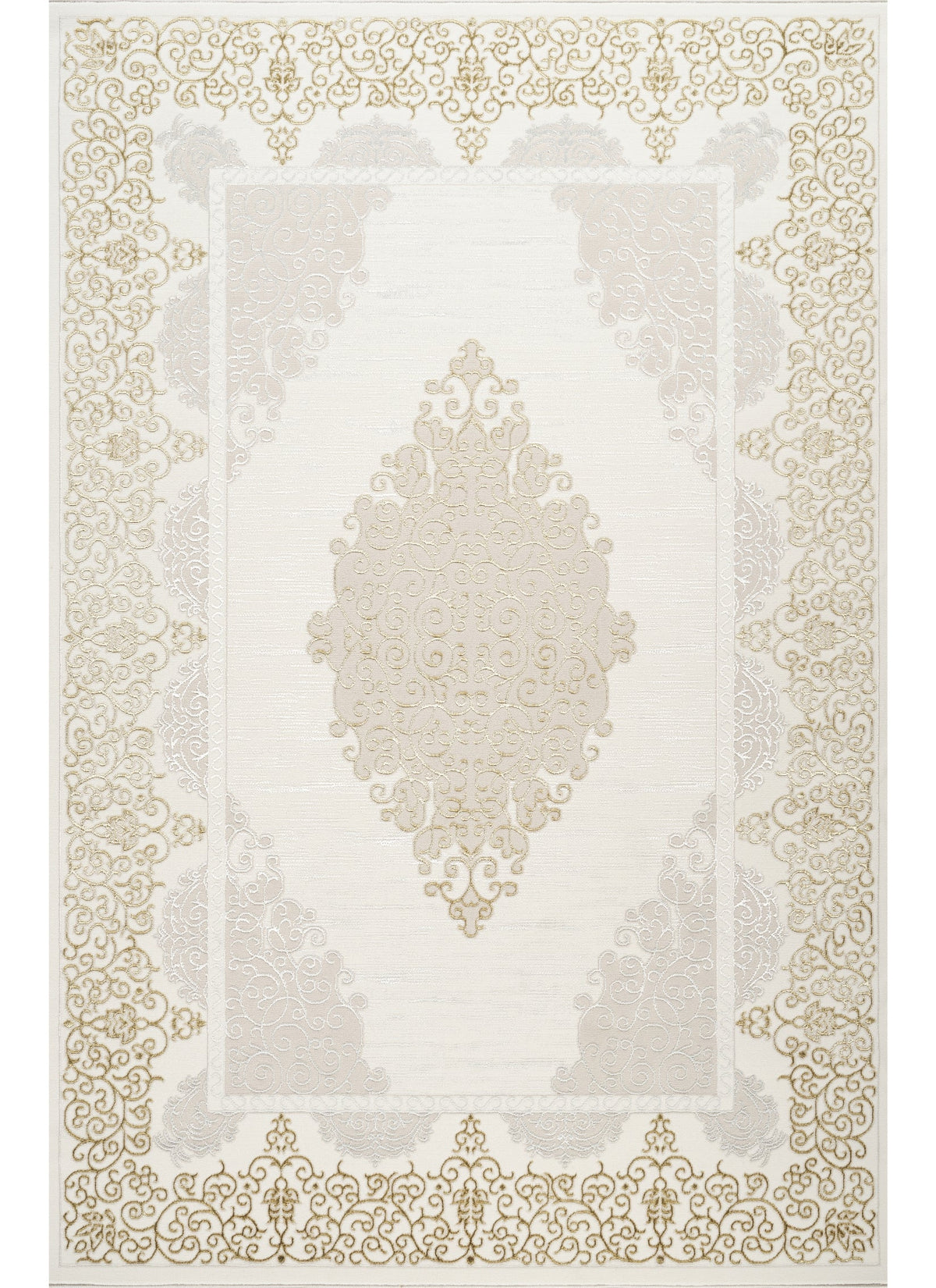 Traditional Damask Medallion Scroll Bordered Cream Area Rug & Runner – 64004 Cream