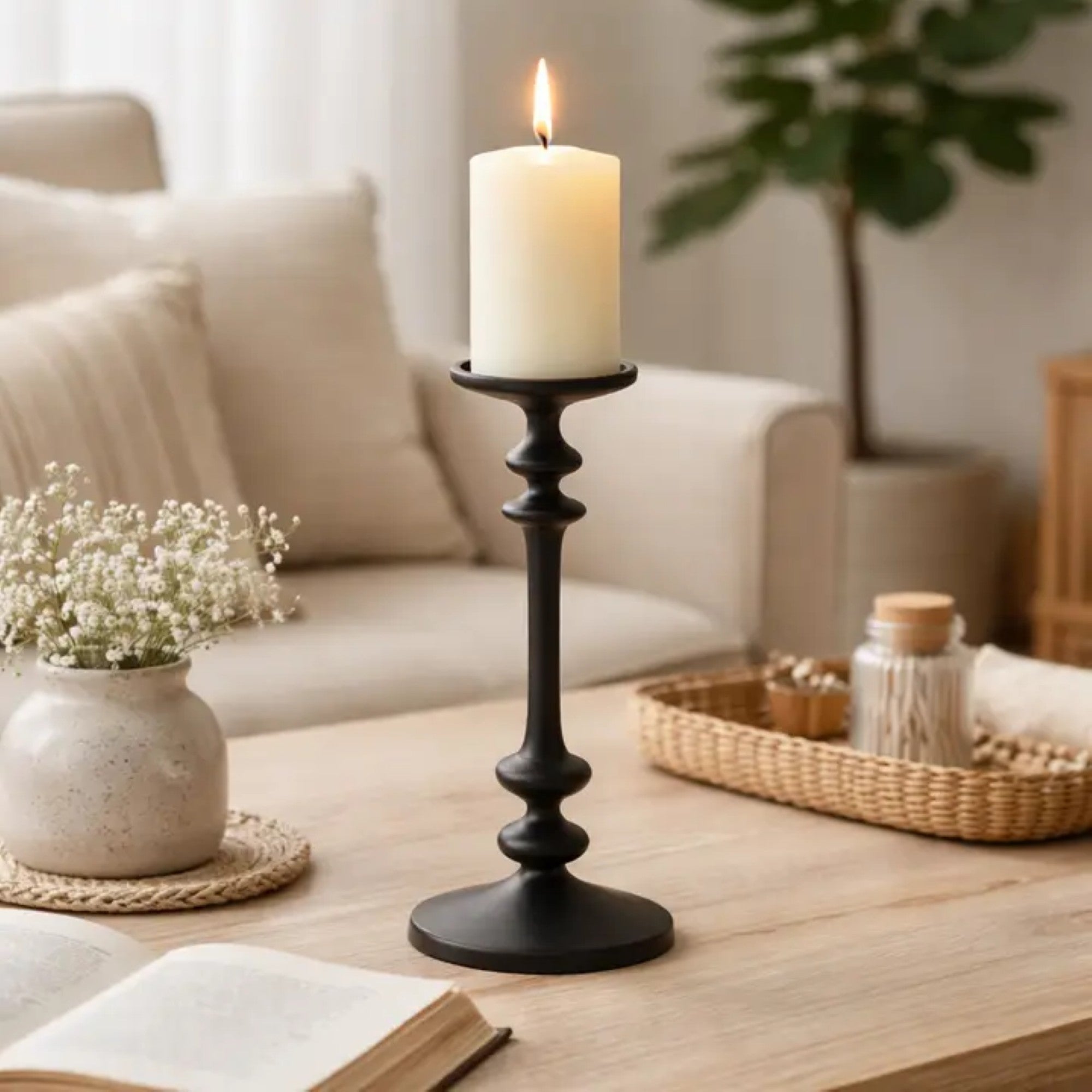 Classic Tall Black Aluminum Candle Holder for Table Decor, 14 Inches