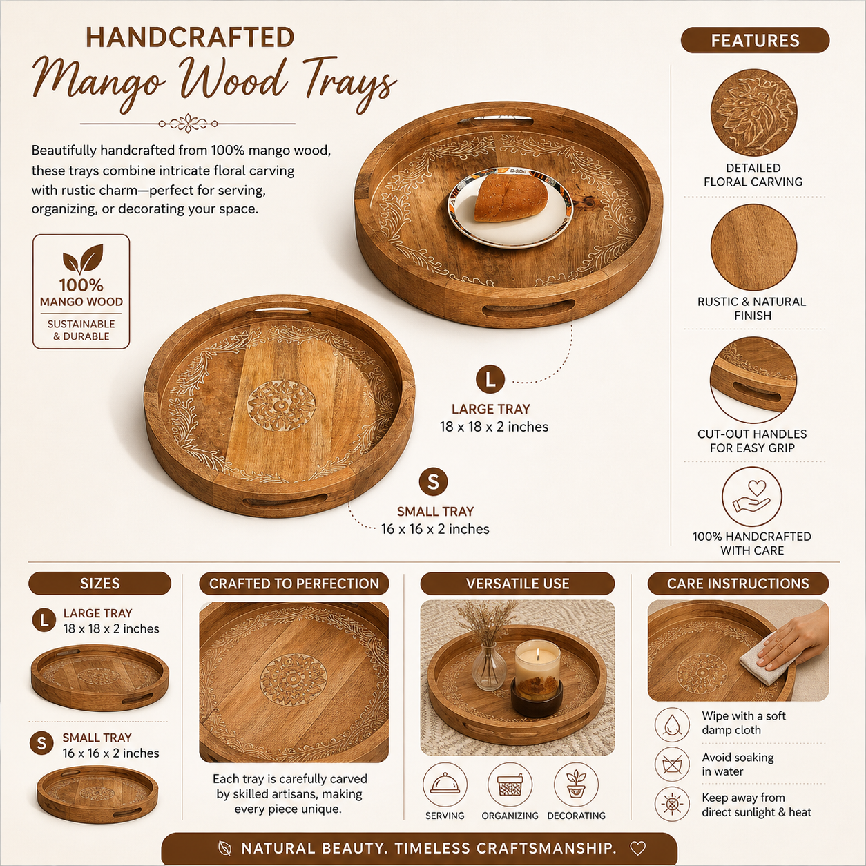 Tray | Round Mango Wood Serving Tray | Set of 2 – Elegant Wooden Dinnerware for Home & Kitchen