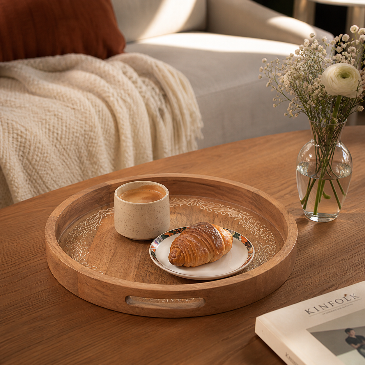 Tray | Round Mango Wood Serving Tray | Set of 2 – Elegant Wooden Dinnerware for Home & Kitchen