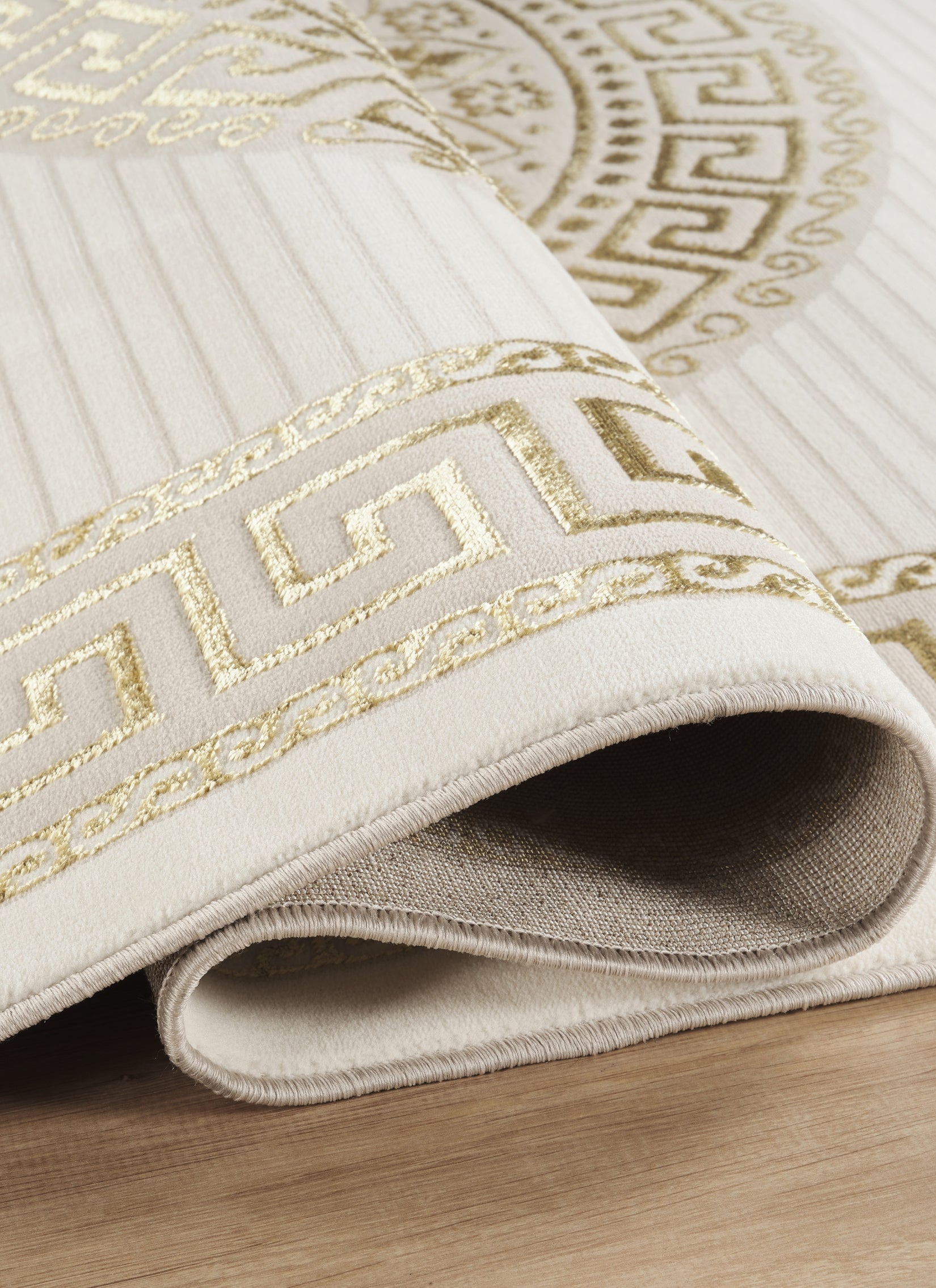 Modern Greek Key Bordered Round Medallion Cream Area Rug & Runner – 64005 Cream