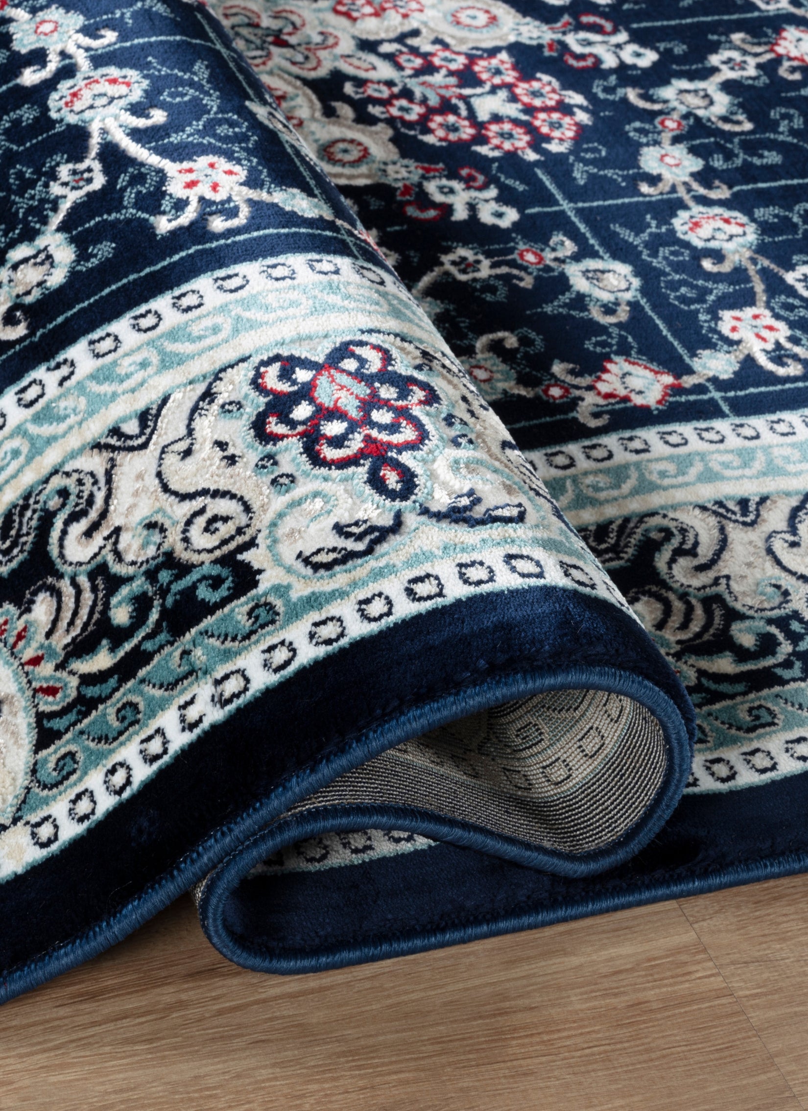 Traditional Persian Kerman Floral Medallion Navy Area Rug, Runner & Round Rug – 478 Navy