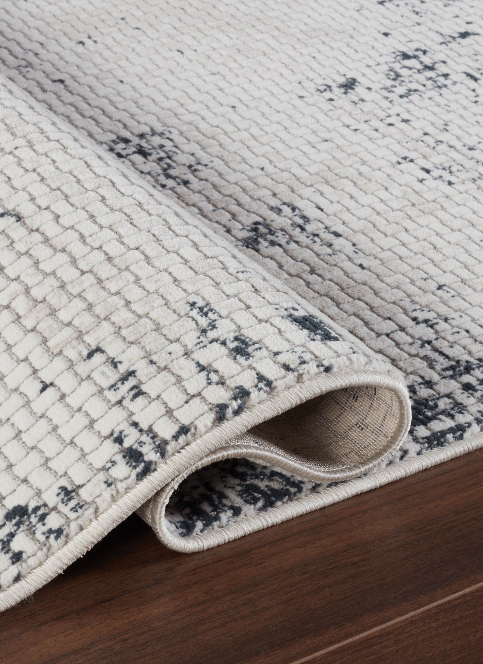 Modern Distressed Grid Textured Cream & Navy Area Rug & Runner – BT306 Cream Navy