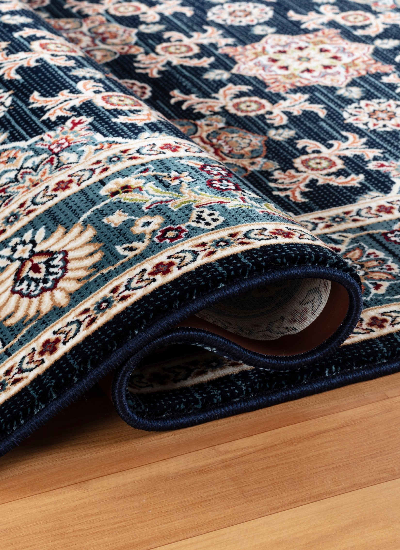 Traditional Persian All-Over Rosette Floral Bordered Navy Area Rug & Runner – D529B Navy