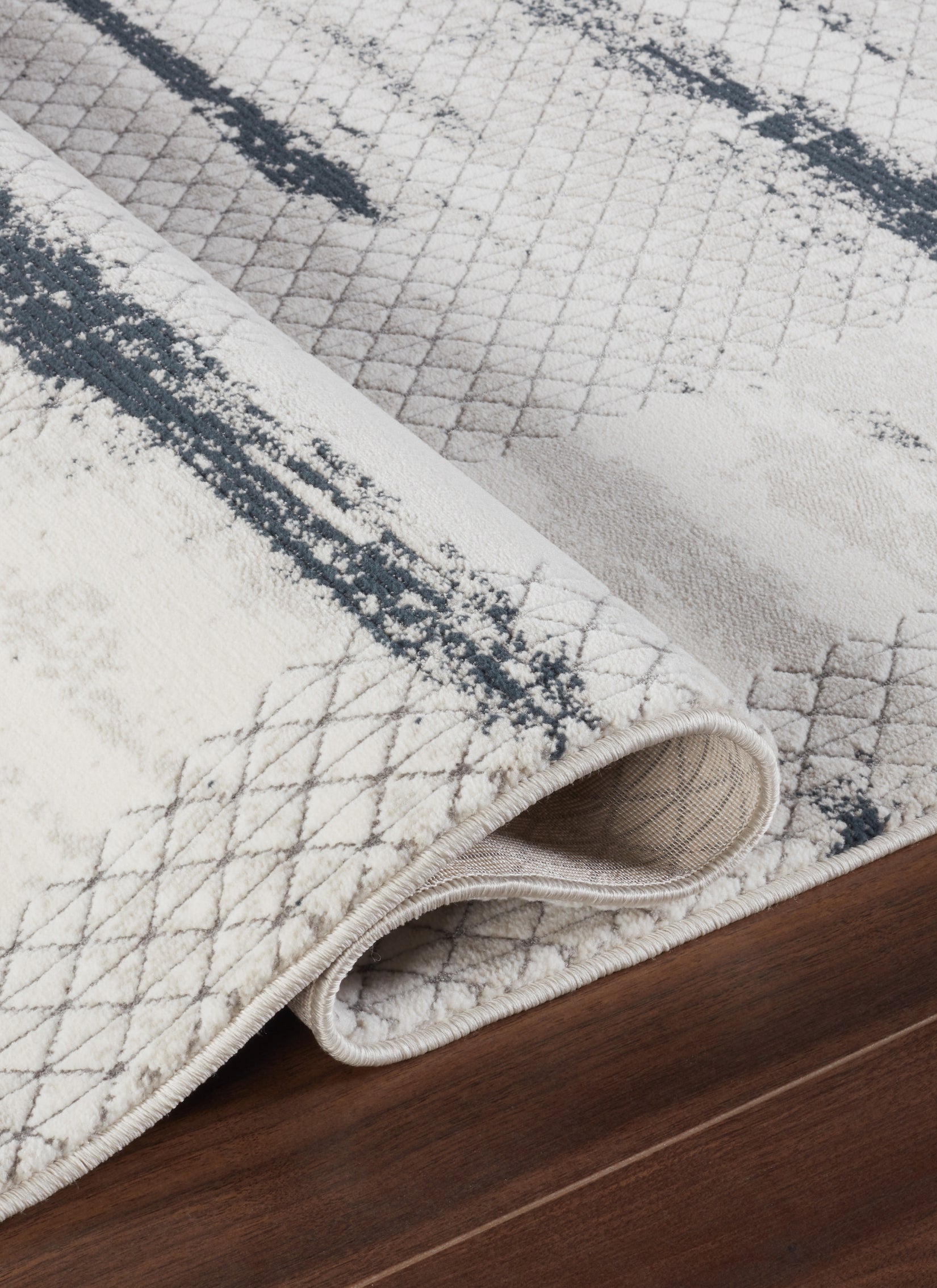 Modern Abstract Brushstroke Lattice Cream & Navy Area Rug & Runner – BT322 Cream Navy