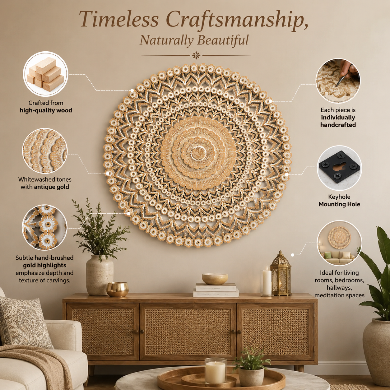 Wall Decor | Wooden Floral Hand Carved Mandala 48" Round Wall Art | Handmade Solid Wood Wall Hanging | Living Room, Bedroom & Entryway