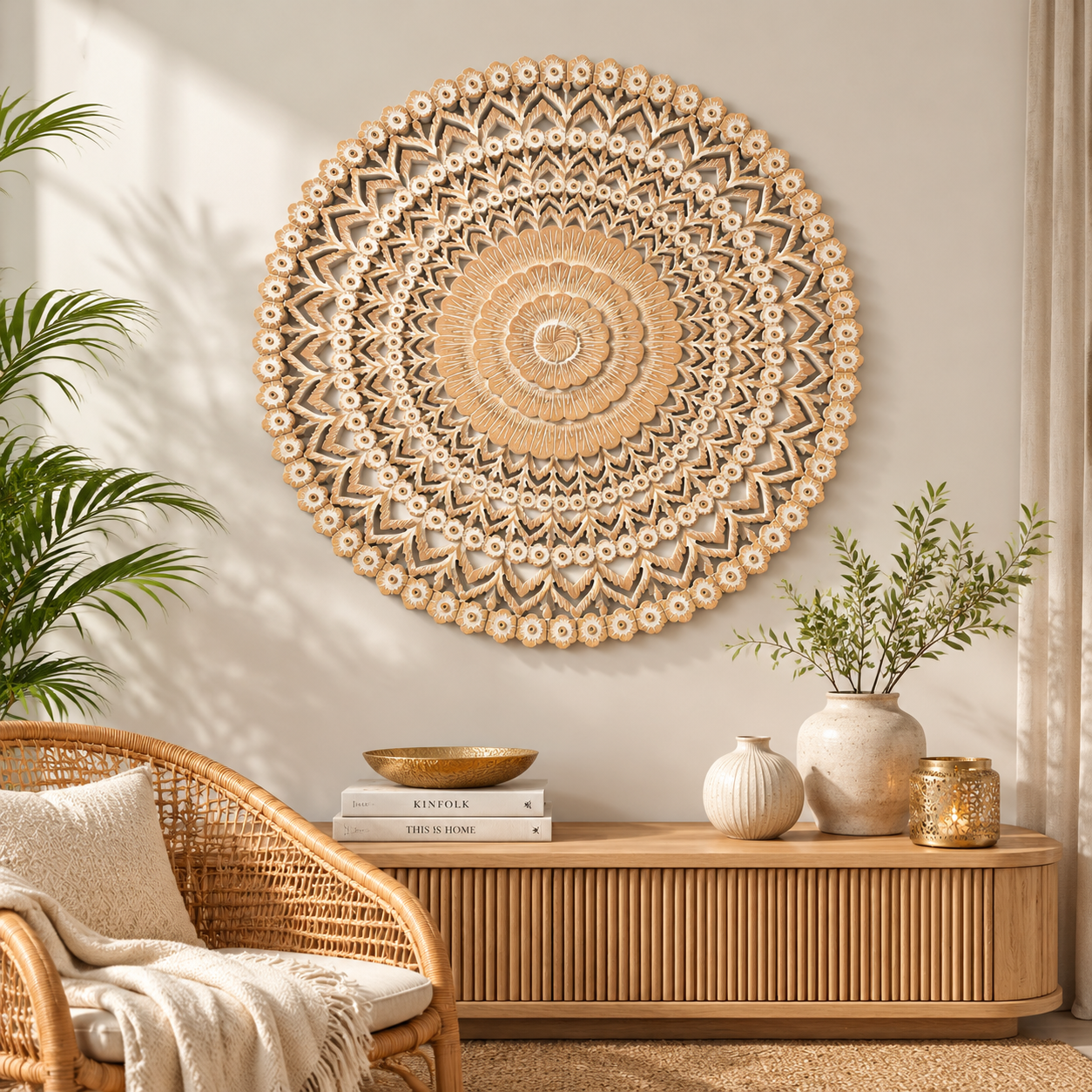 Wall Decor | Wooden Floral Hand Carved Mandala 48" Round Wall Art | Handmade Solid Wood Wall Hanging | Living Room, Bedroom & Entryway