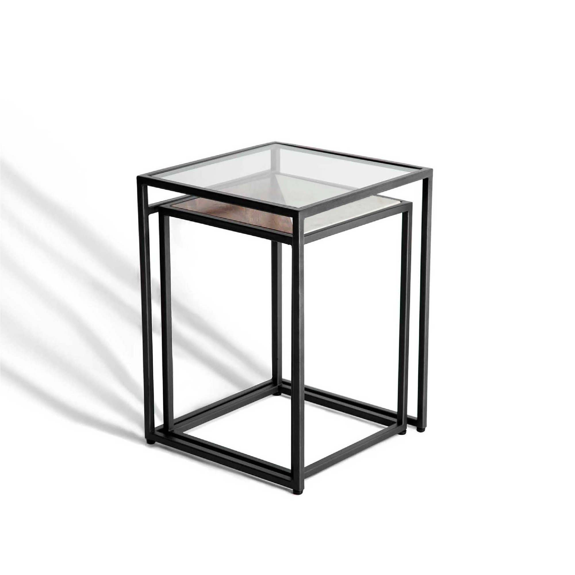 Glass & Wood Nesting Tables Set of 2 | Black Metal Legs Side Table Set