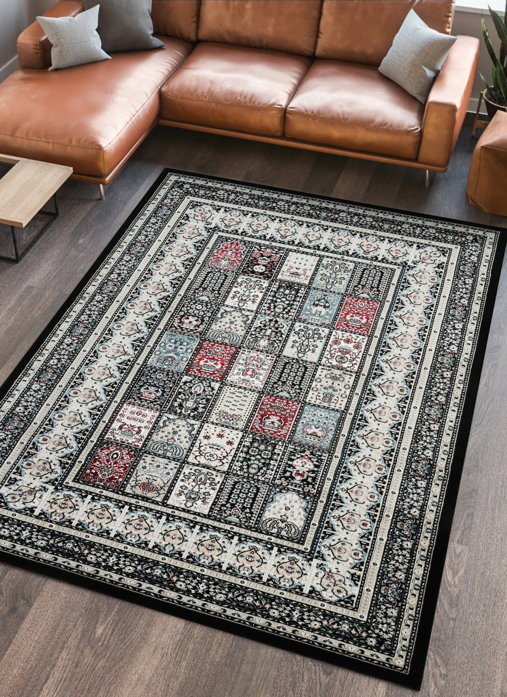 Traditional Persian Bakhtiari Garden Panel Black Area Rug, Runner & Round Rug – 4763 Black