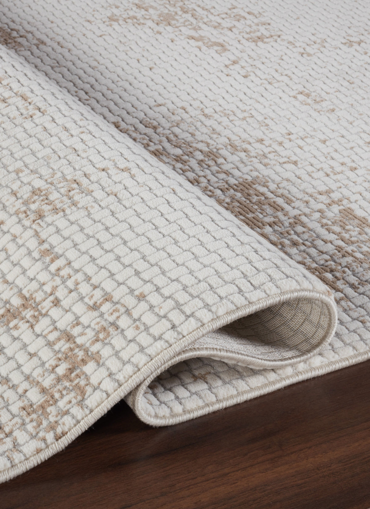 Modern Distressed Grid Textured Cream & Brown Area Rug & Runner – BT306 Cream Brown