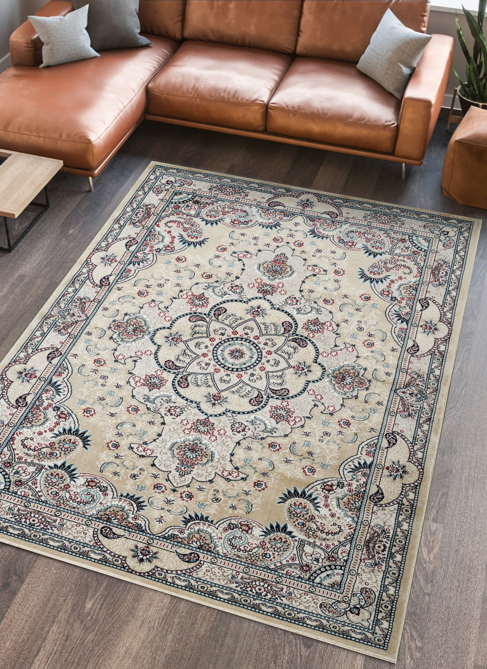 Traditional Persian Paisley Floral Medallion Beige Area Rug, Runner & Round Rug – 470 Beige