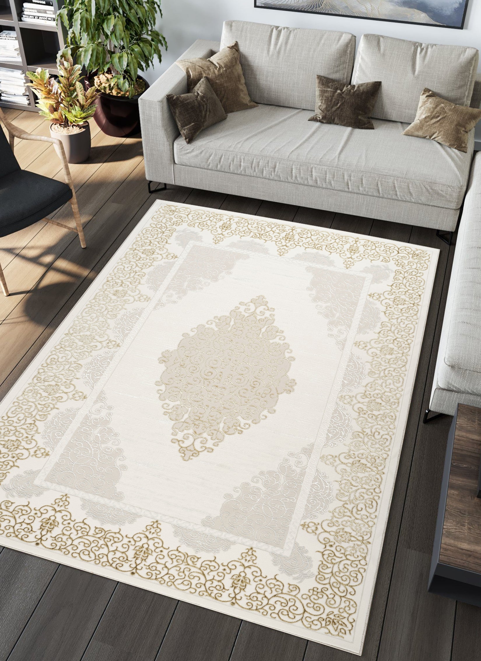 Traditional Damask Medallion Scroll Bordered Cream Area Rug & Runner – 64004 Cream
