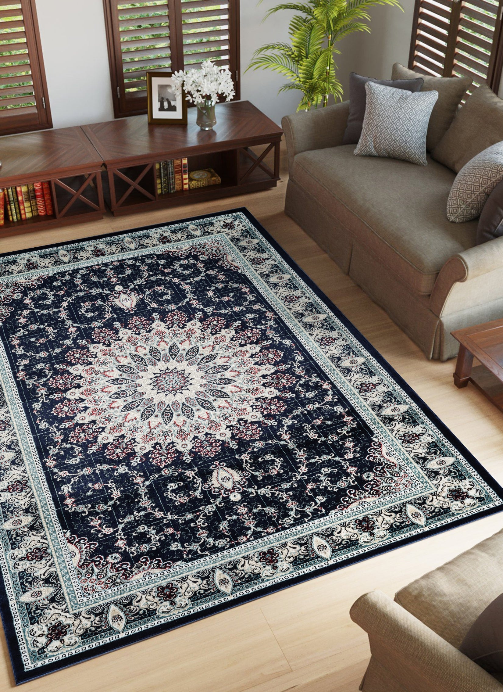 Traditional Persian Kerman Floral Medallion Navy Area Rug, Runner & Round Rug – 478 Navy