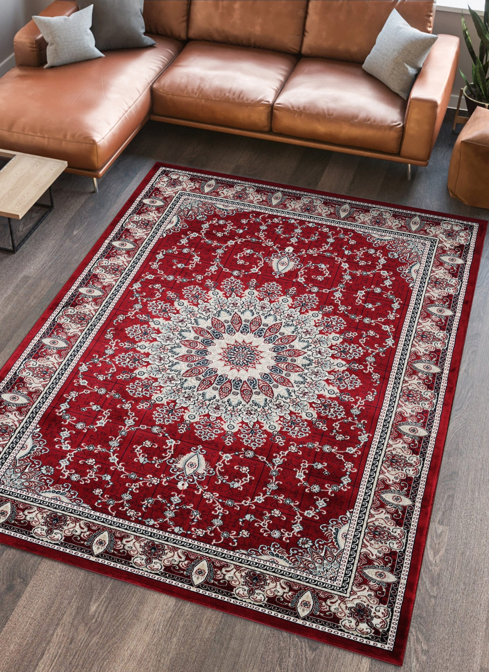 Traditional Persian Kerman Floral Medallion Red Area Rug, Runner & Round Rug – 478 Red