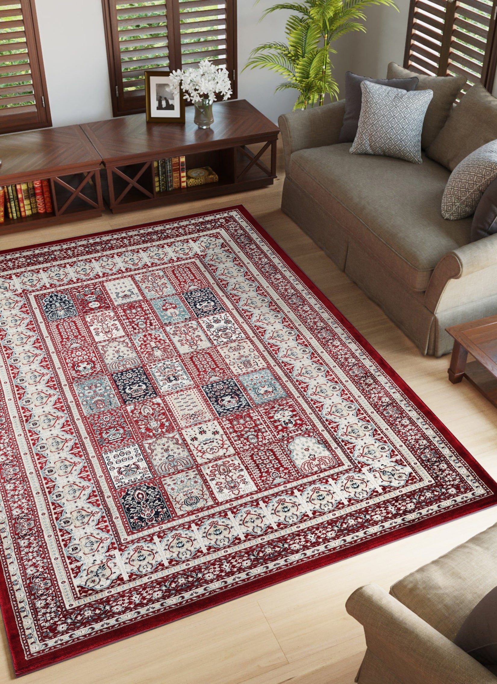 Traditional Persian Bakhtiari Garden Panel Red Area Rug, Runner & Round Rug – 4763 Red