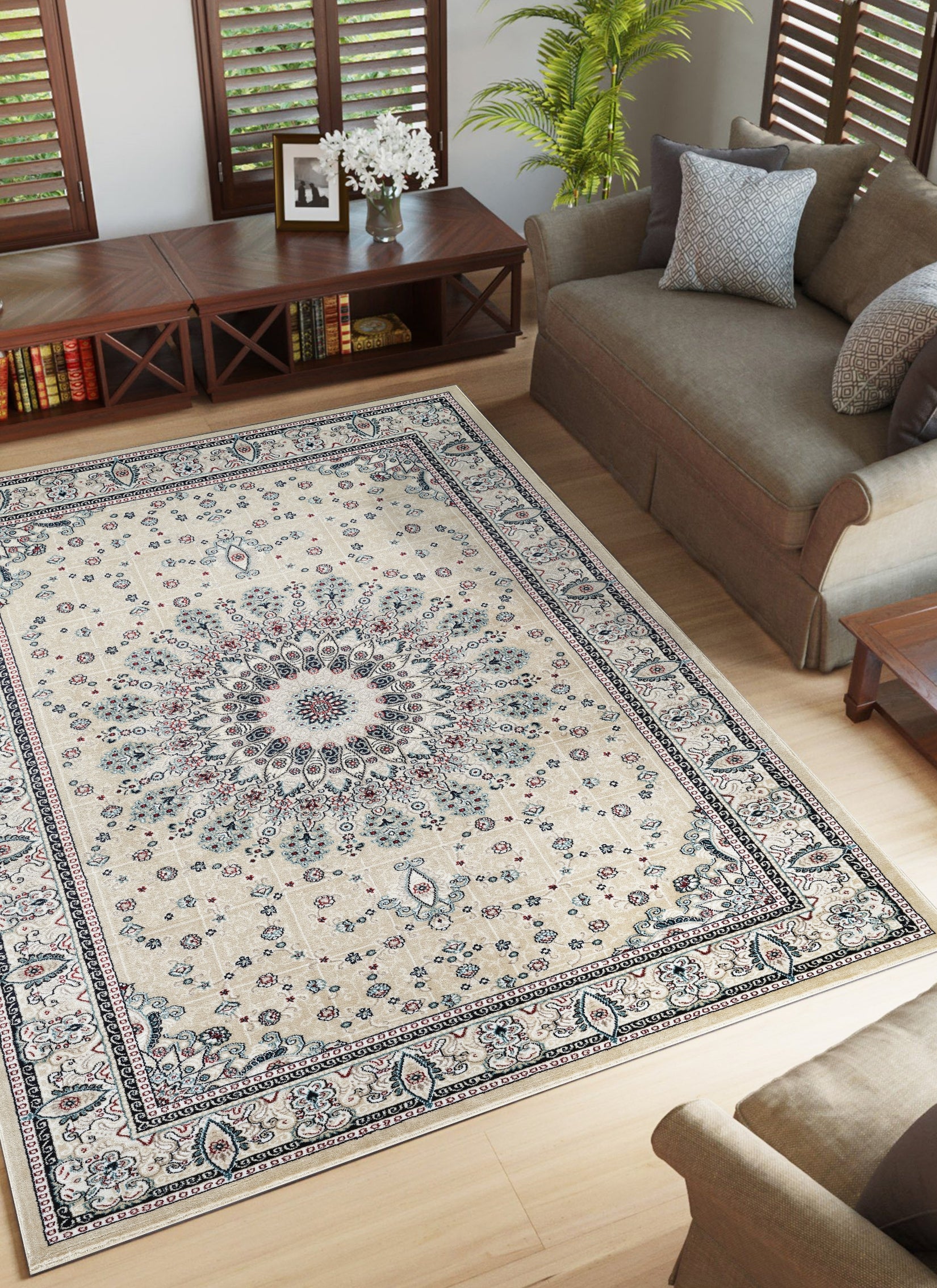 Traditional Persian Kerman Floral Medallion Beige Area Rug, Runner & Round Rug – 478 Beige