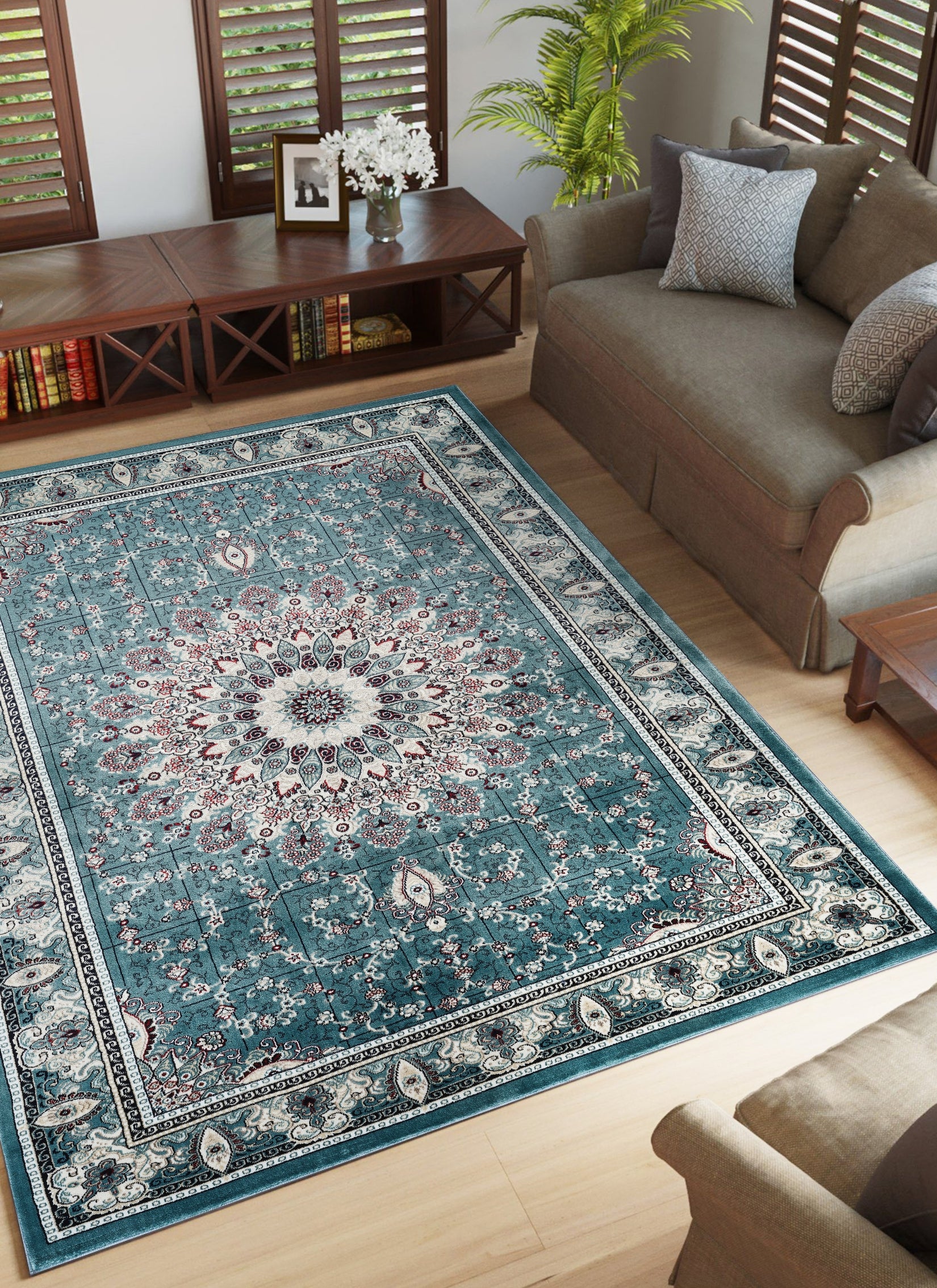 Traditional Persian Kerman Floral Medallion Blue Area Rug, Runner & Round Rug – 478 Blue