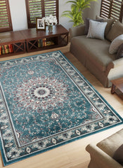Traditional Persian Kerman Floral Medallion Blue Area Rug, Runner & Round Rug – 478 Blue