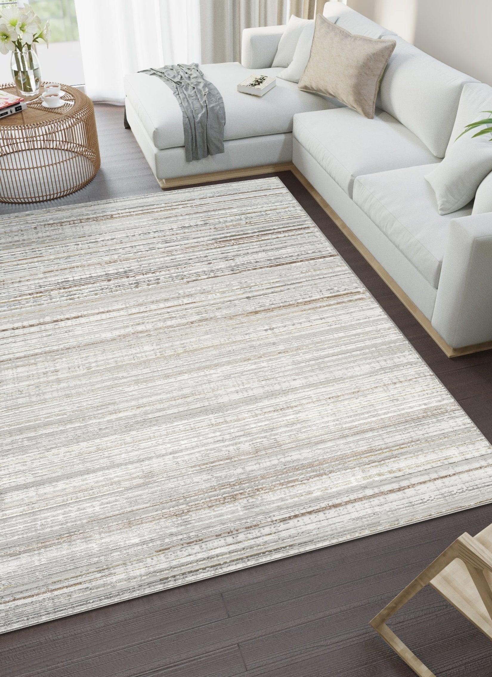 Modern Striated Linear Stripe Grey Area Rug & Runner – H0401 Grey