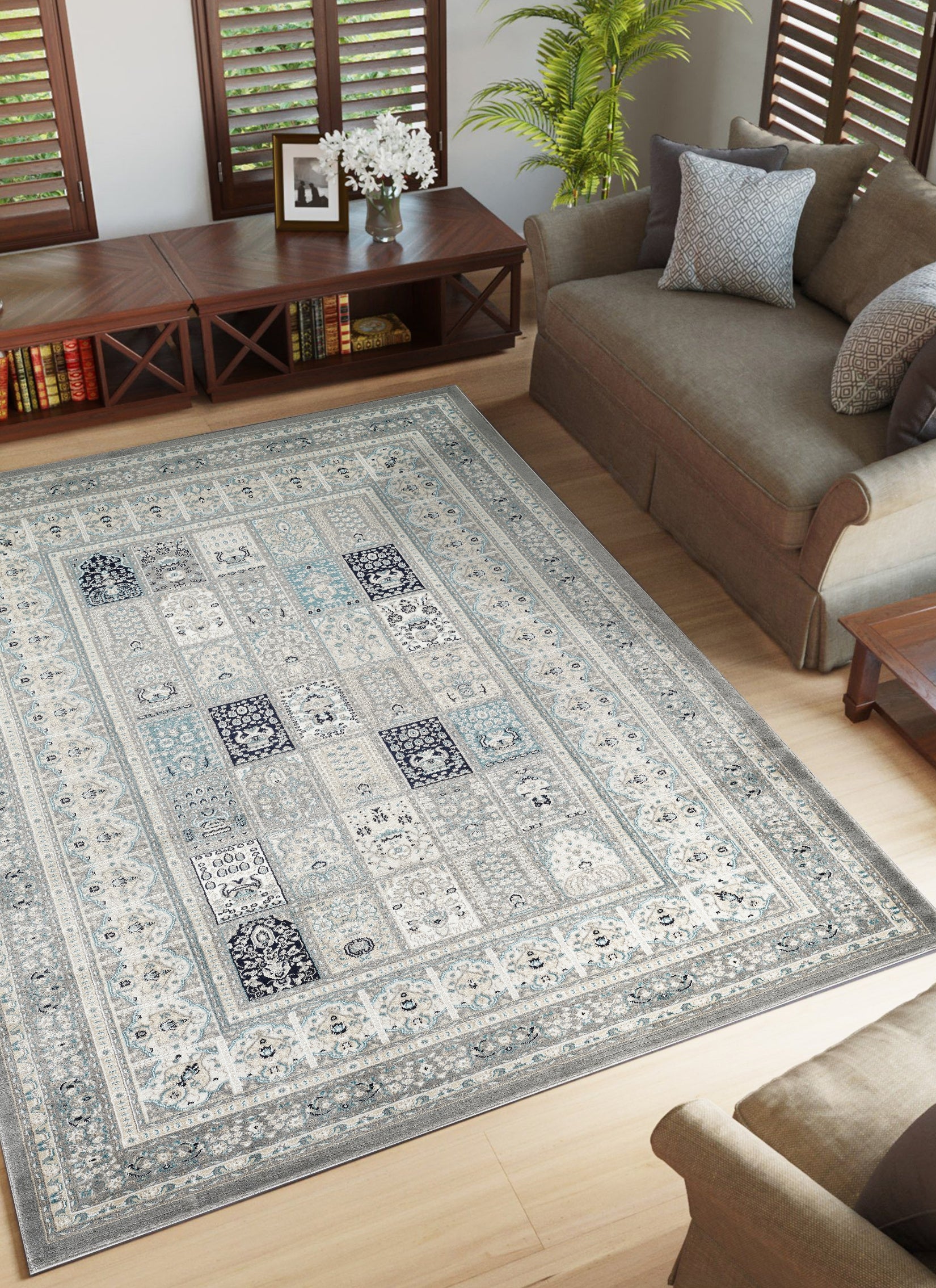 Traditional Persian Bakhtiari Garden Panel Grey Area Rug, Runner & Round Rug – 4763 Grey