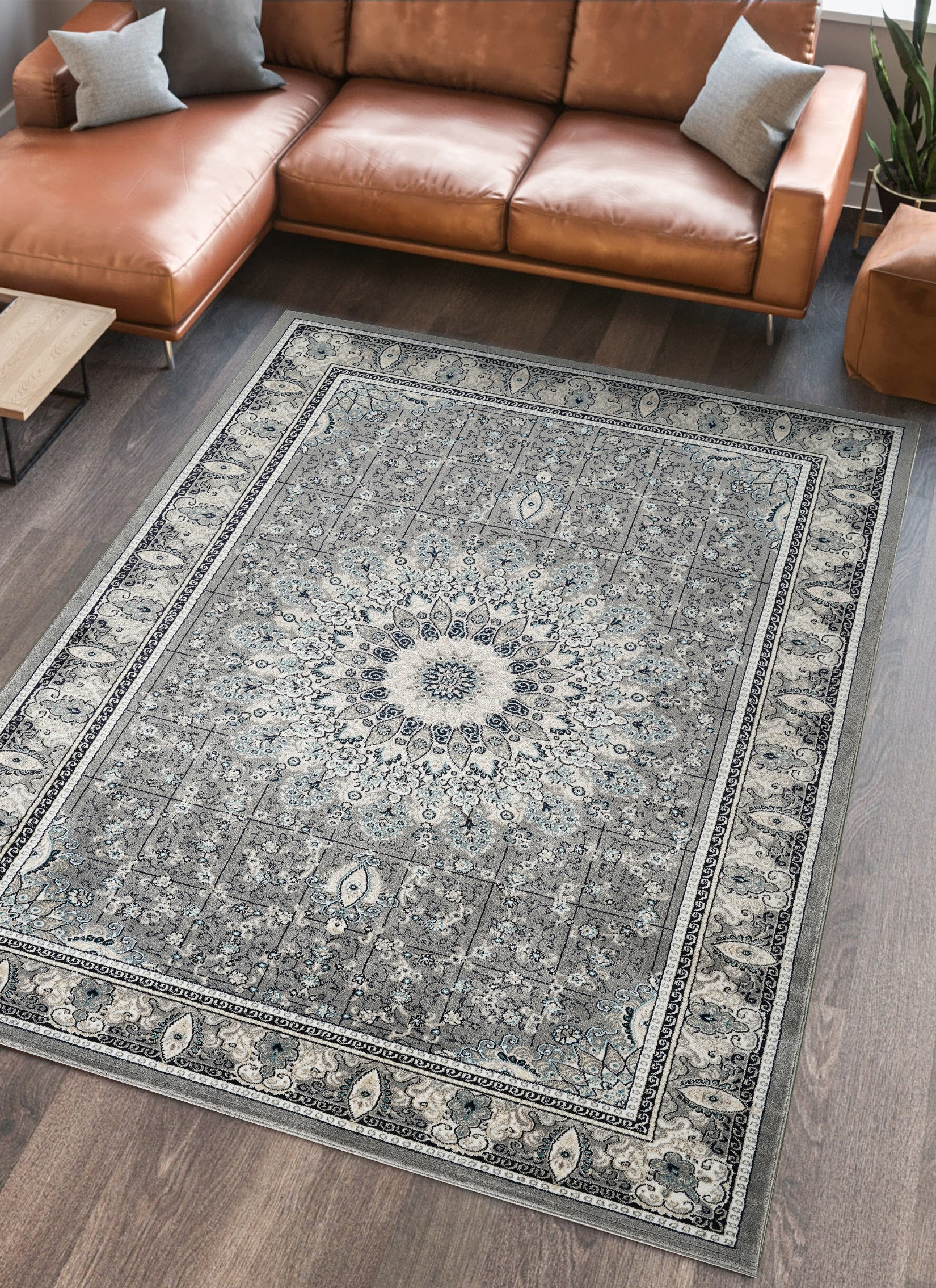 Traditional Persian Kerman Floral Medallion Grey Area Rug, Runner & Round Rug – 478 Grey
