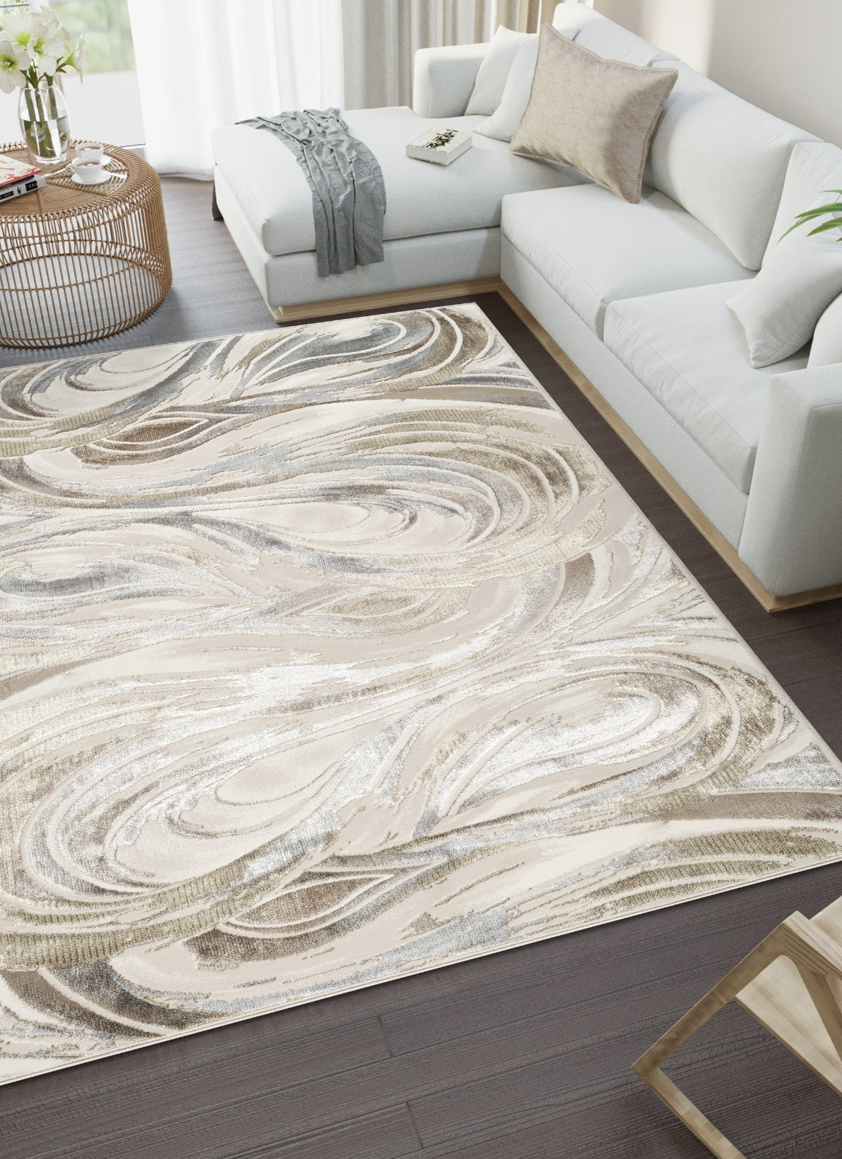 Modern Abstract Wave Swirl Cream Area Rug & Runner – 39742 Cream