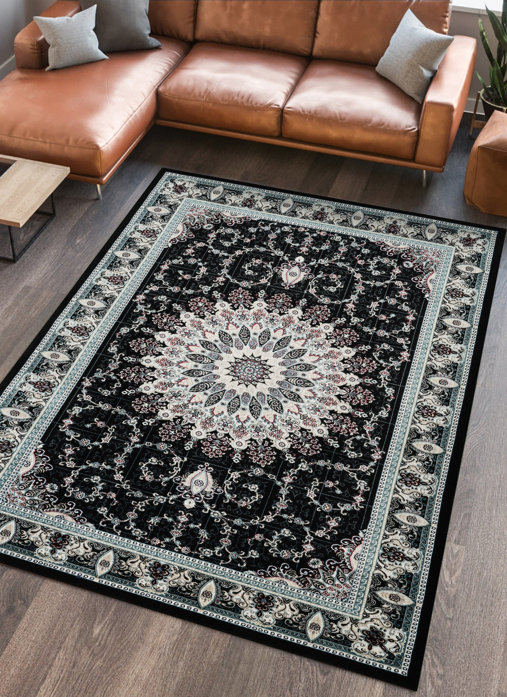 Traditional Persian Kerman Floral Medallion Black Area Rug, Runner & Round Rug – 478 Black