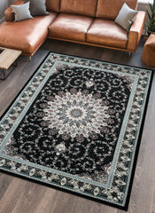 Traditional Persian Kerman Floral Medallion Black Area Rug, Runner & Round Rug – 478 Black