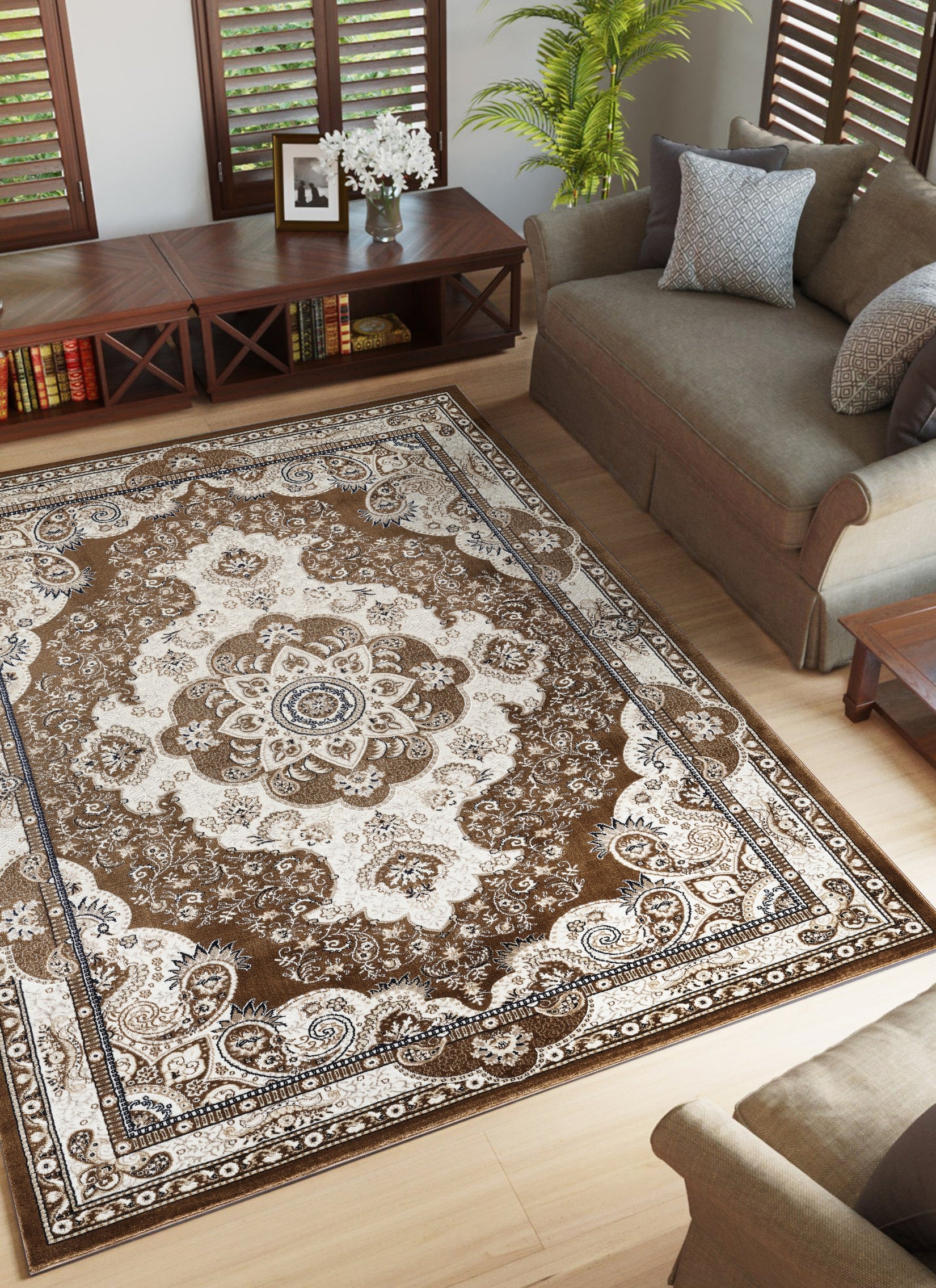Traditional Persian Paisley Floral Medallion Brown Area Rug, Runner & Round Rug – 470 Brown