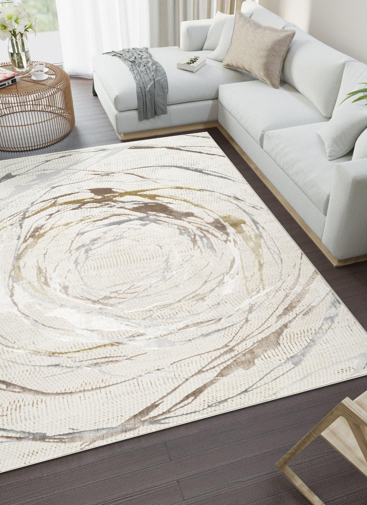 Modern Abstract Circular Swirl Cream Area Rug & Runner – 50103 Cream
