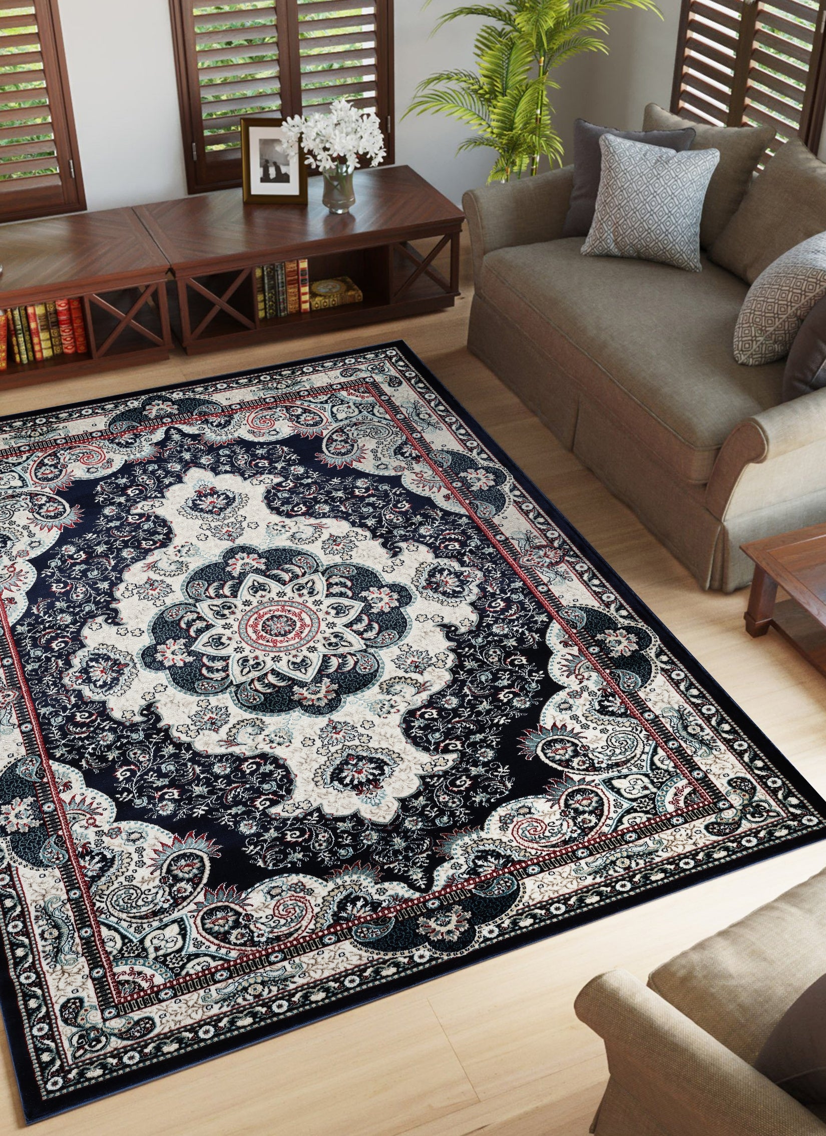 Traditional Persian Paisley Floral Medallion Navy Area Rug, Runner & Round Rug – 470 Navy