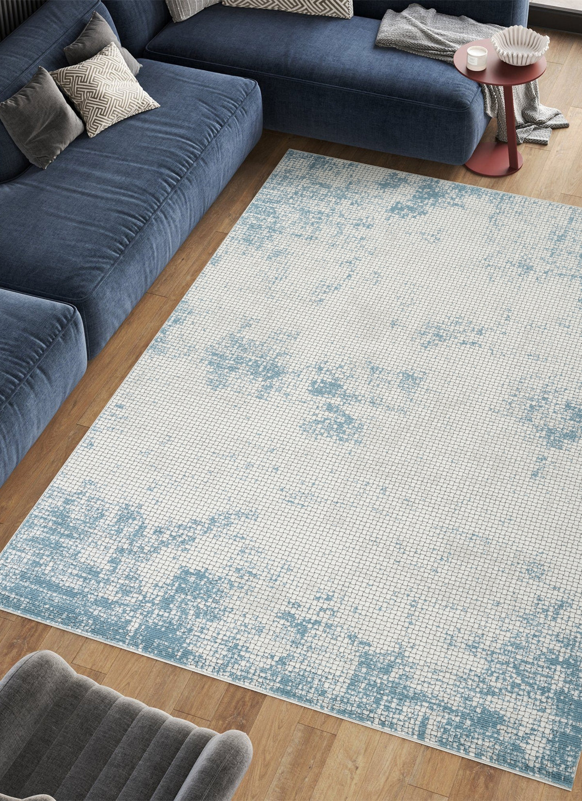 Modern Distressed Grid Textured Cream & Blue Area Rug & Runner – BT306 Cream Blue