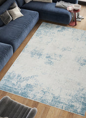 Modern Distressed Grid Textured Cream & Blue Area Rug & Runner – BT306 Cream Blue