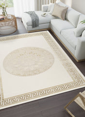 Modern Greek Key Bordered Round Medallion Cream Area Rug & Runner – 64005 Cream